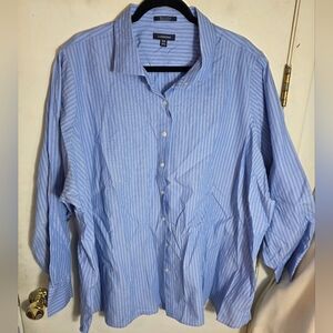 Lands' End Blue White Striped Dress Shirt Long Sleeve Plus Size 34W
